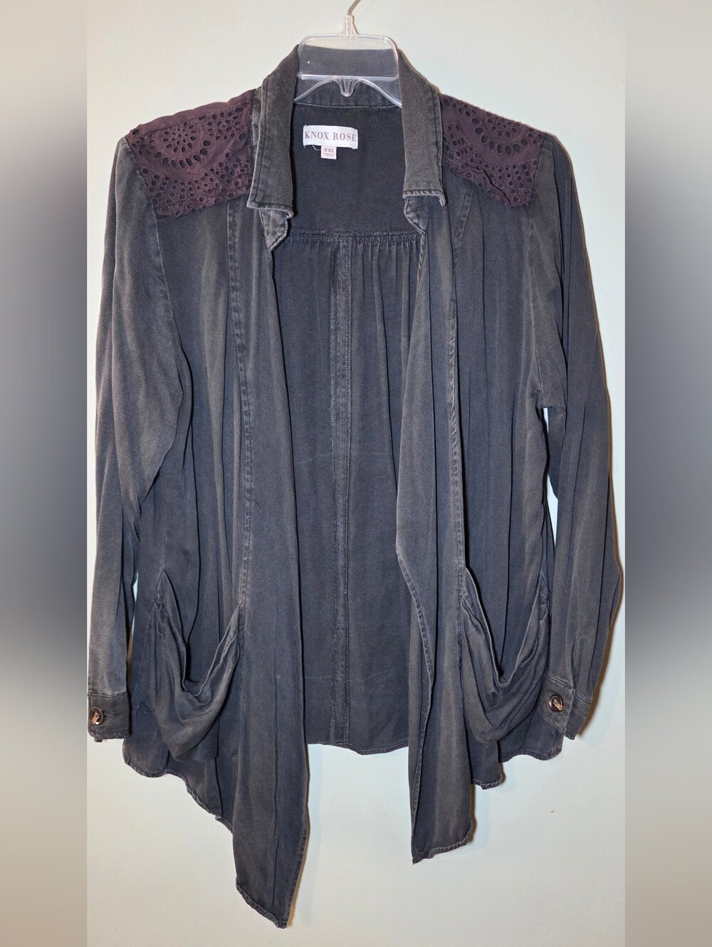 Knox Rose Womens XXL Black Eyelet Embroidered Open Front Cardigan Boho
